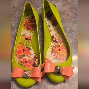 Ted Baker London Lime Green and Coral Bow Jelly Flats